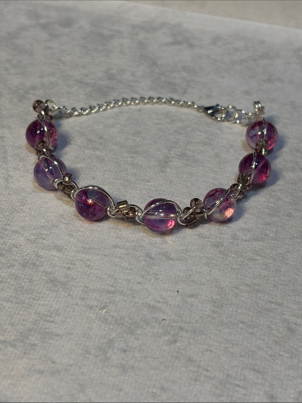 Purple Glass Bead Wire Weave Bracelet Silver